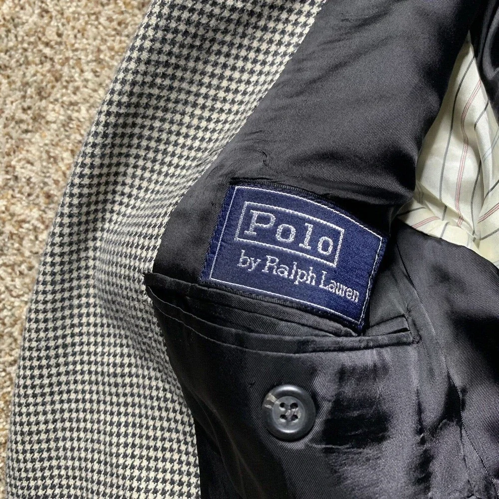 Vintage Polo Ralph Lauren Houndstooth Silk Cotton Mens Sz 41R Black Gray Blazer